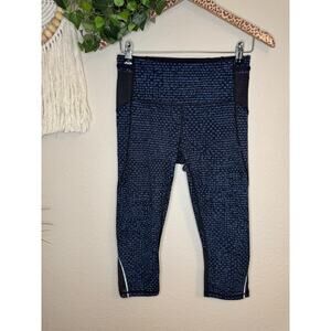 Lululemon Side Mesh Pockets Reflective Blue Black Capri Leggings sz 6